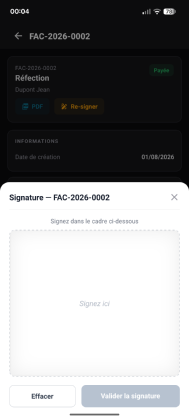 Signature de la facture par le client, sur le téléphone