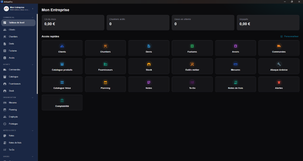 Tableau de bord de l’application Windows